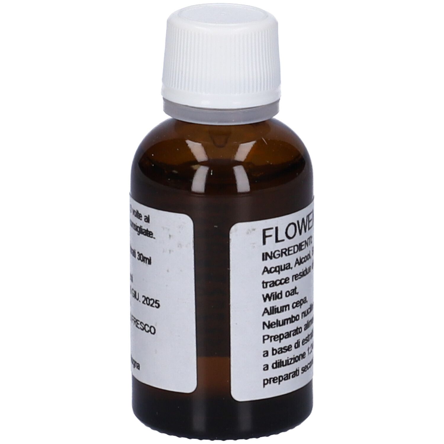 Flacone di vetro marrone con tappo bianco. Etichetta con testo: FLOWEMOTION 12, ingredienti, 30ml.