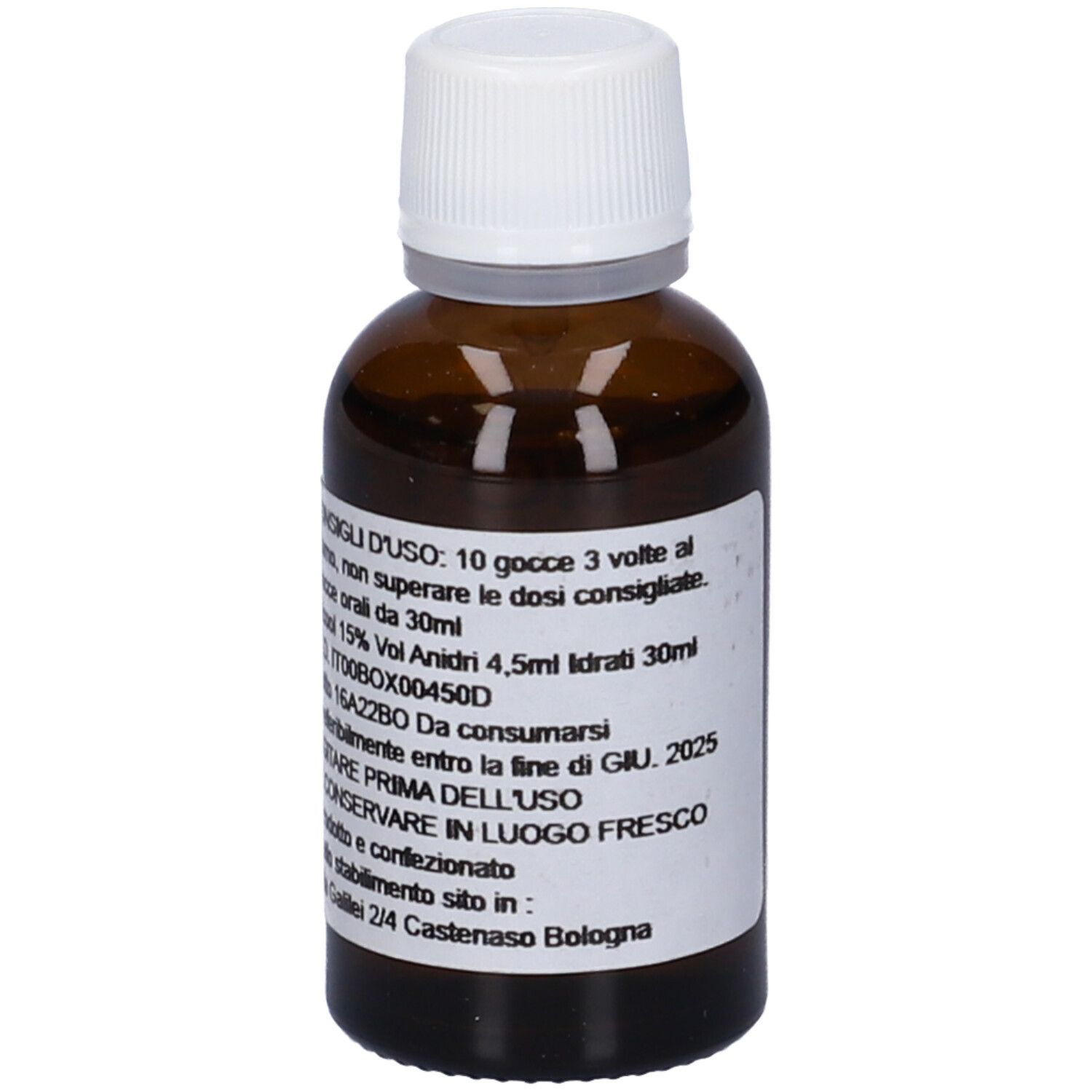 Flacone di vetro marrone con tappo bianco. Etichetta con testo: FLOWEMOTION 12, consigli d'uso, 30ml.