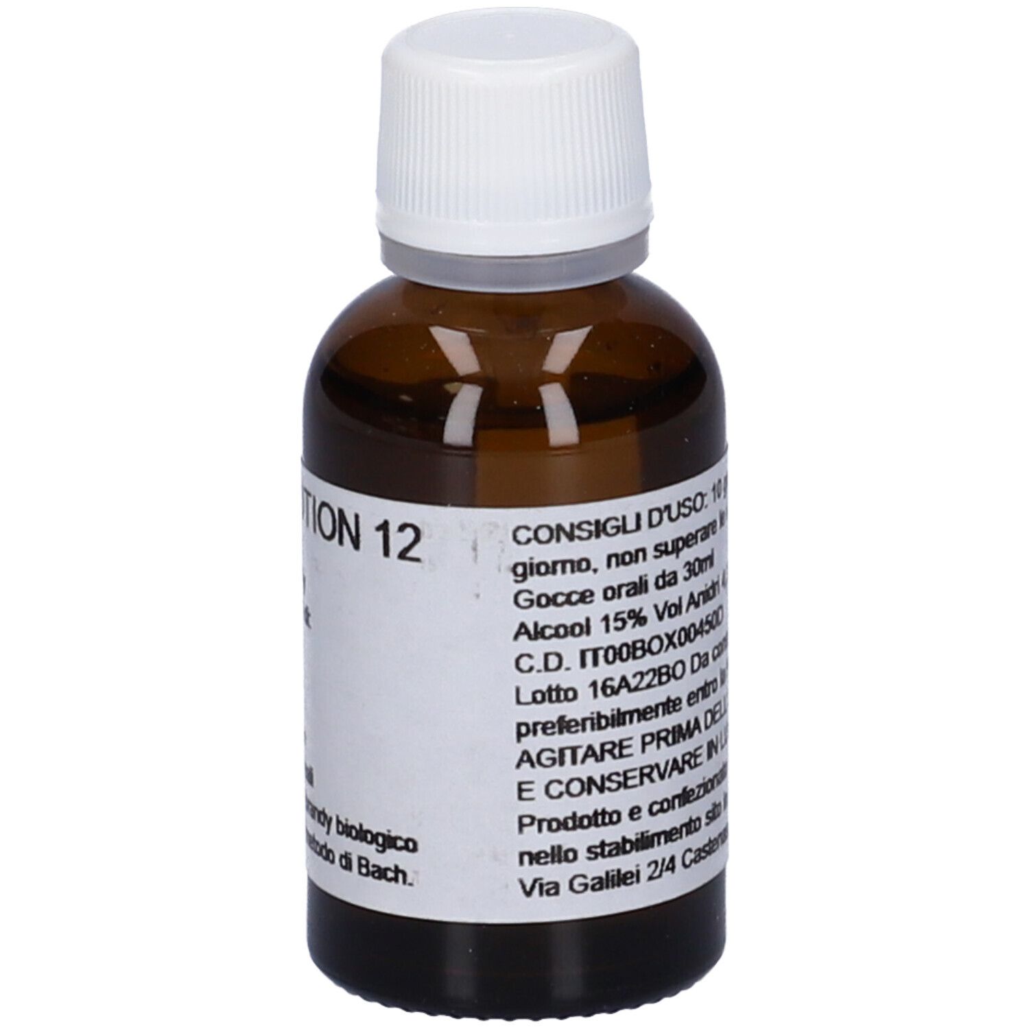 Flacone di vetro marrone con tappo bianco. Etichetta con testo: FLOWEMOTION 12, consigli d'uso, 30ml.