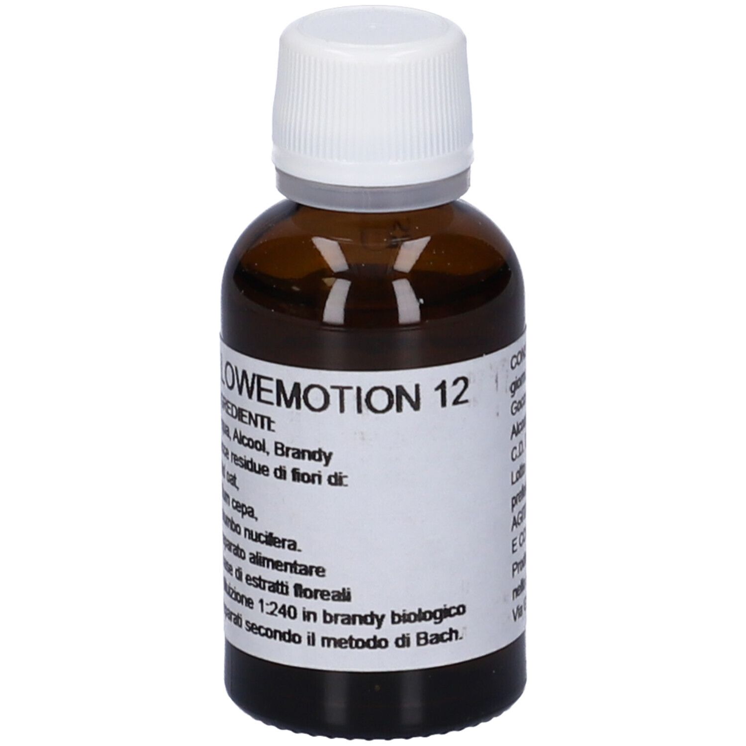 Flacone di vetro marrone con tappo bianco. Etichetta con testo: FLOWEMOTION 12, ingredienti, preparazione secondo il metodo Bach.