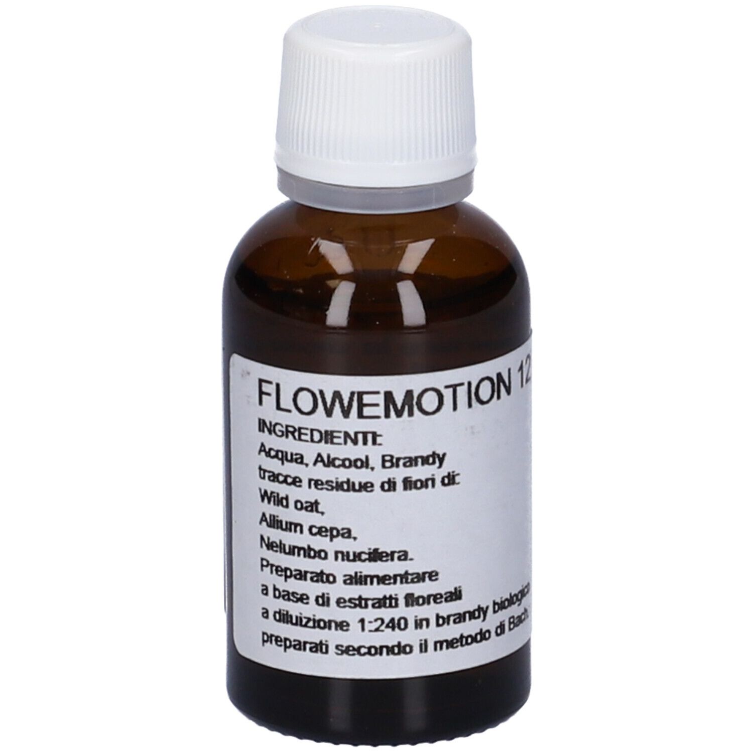 Flacone di vetro marrone con tappo bianco. Etichetta con testo: FLOWEMOTION 12, ingredienti, preparazione secondo il metodo Bach.