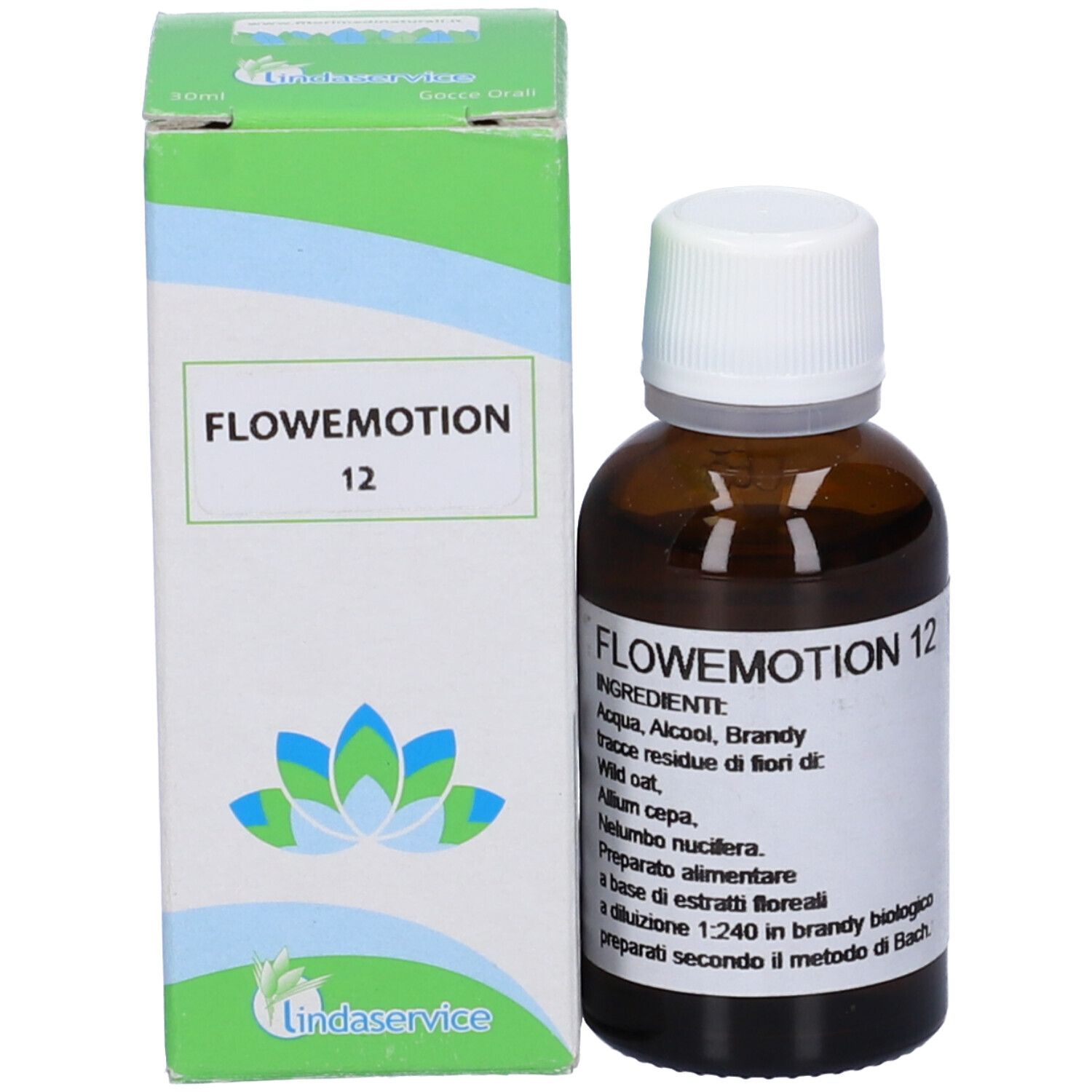 Flacone di vetro marrone con tappo bianco accanto a scatola verde. Scatola con testo: FLOWEMOTION 12, logo.