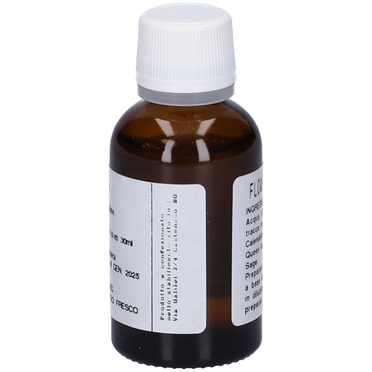 Flacone di vetro marrone con tappo bianco. Etichetta con testo. Informazioni sul prodotto, indirizzo del produttore, scadenza.