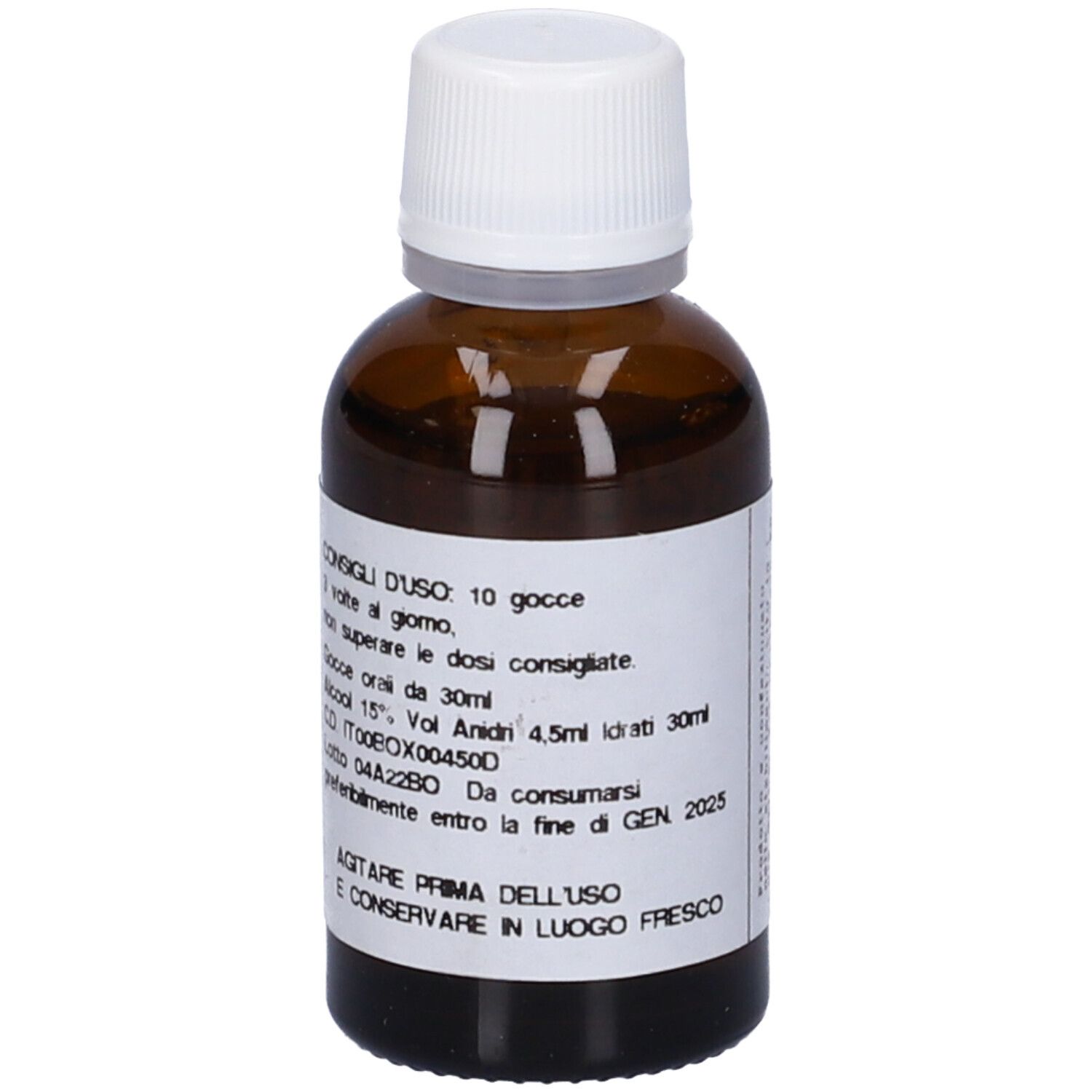 Flacone di vetro marrone con tappo bianco. Etichetta con testo: Consigli per l'uso, dosaggio, ingredienti, scadenza.