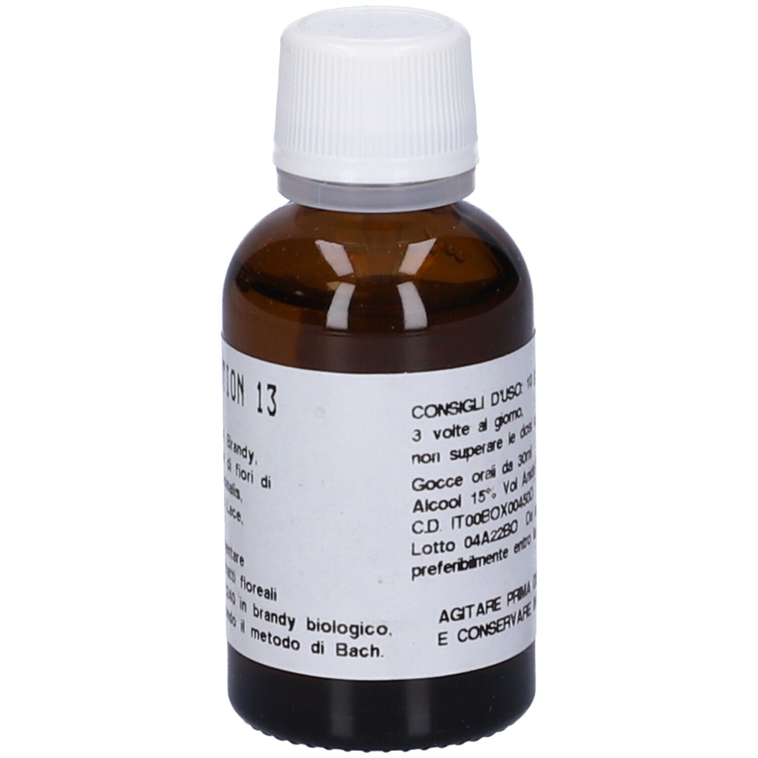 Flacone di vetro marrone con tappo bianco. Etichetta con testo: Consigli per l'uso, dosaggio, ingredienti, scadenza.