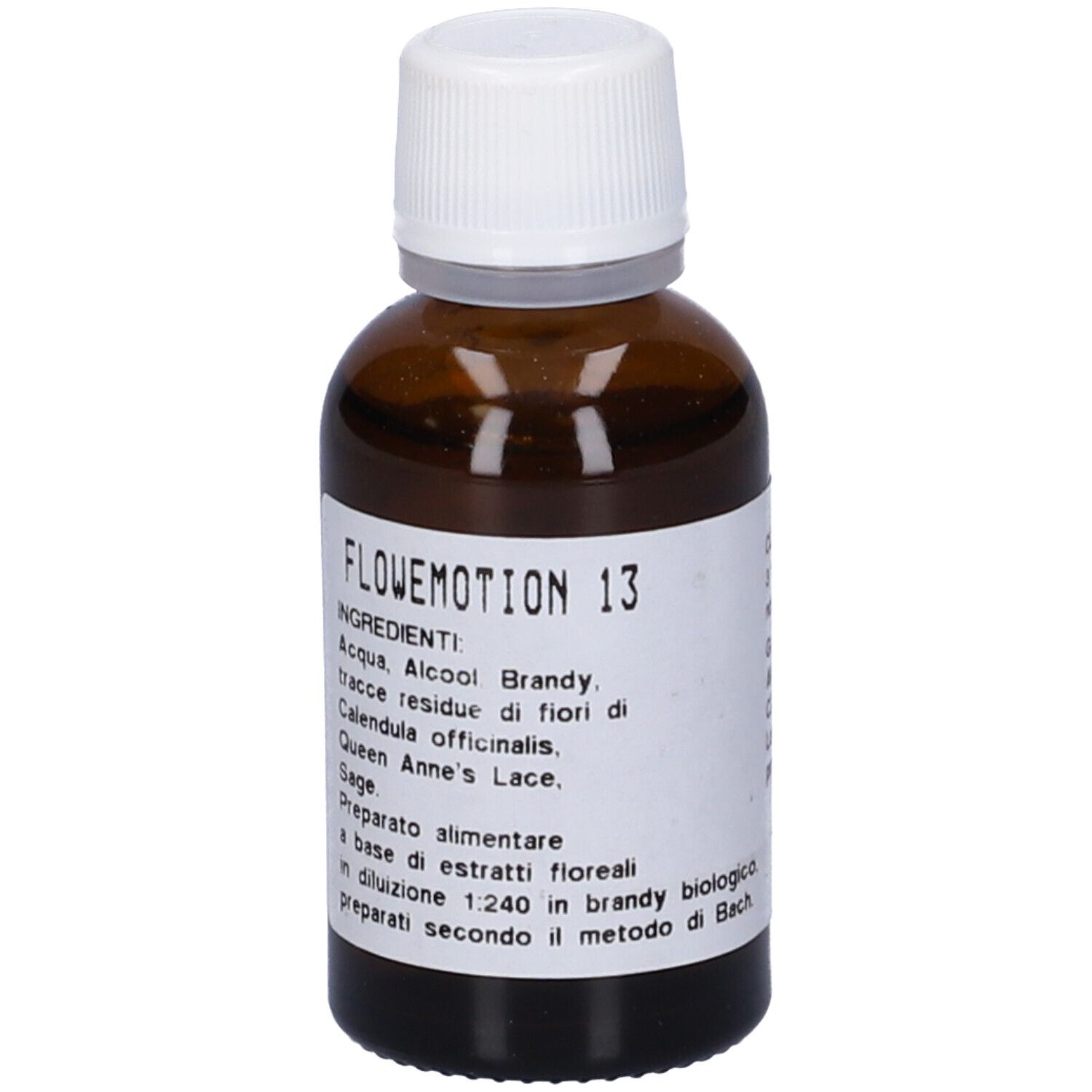Flacone di vetro marrone con tappo bianco. Etichetta con testo: FLOWEMOTION 13, ingredienti, preparazione.