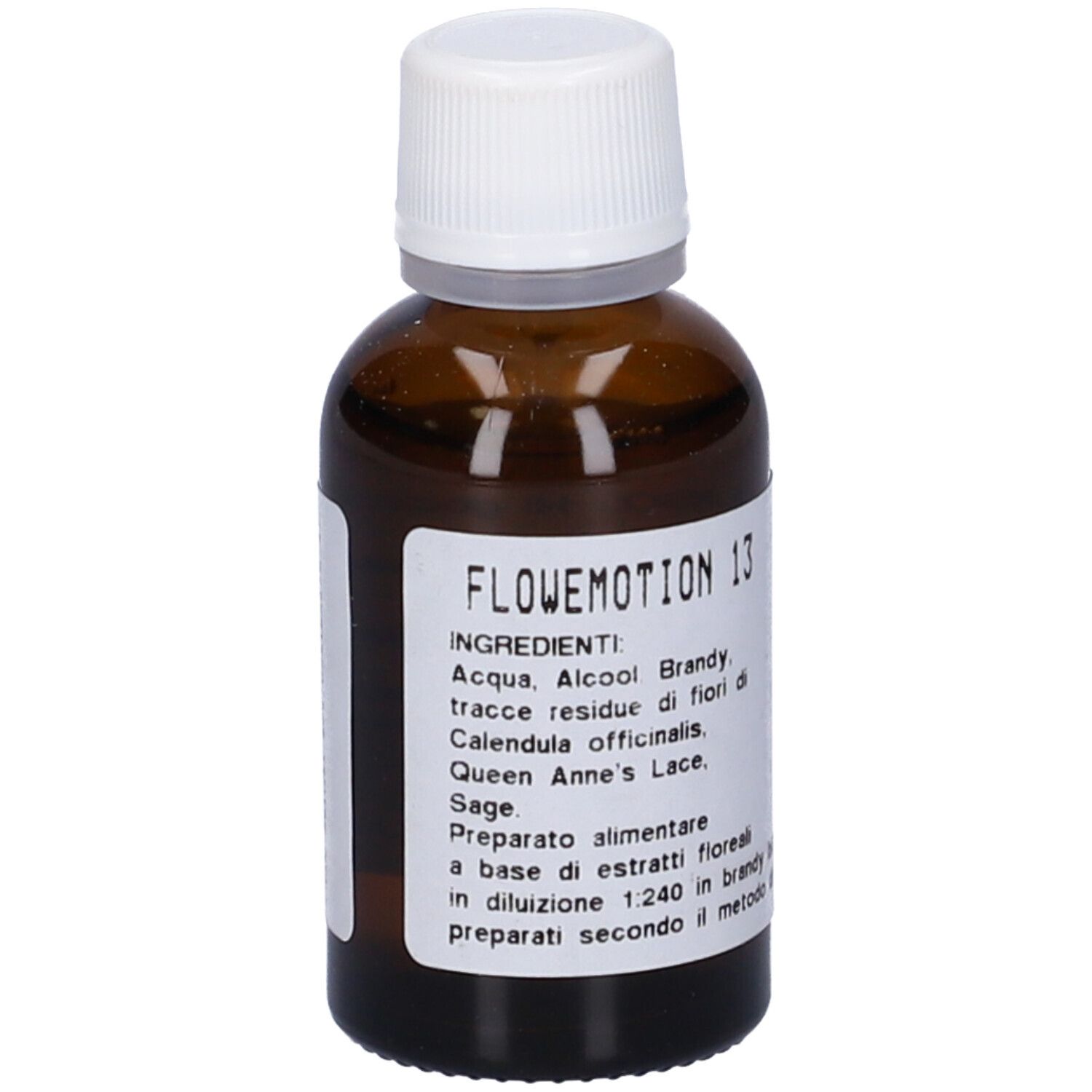 Flacone di vetro marrone con tappo bianco. Etichetta con testo: FLOWEMOTION 13, ingredienti, preparazione.