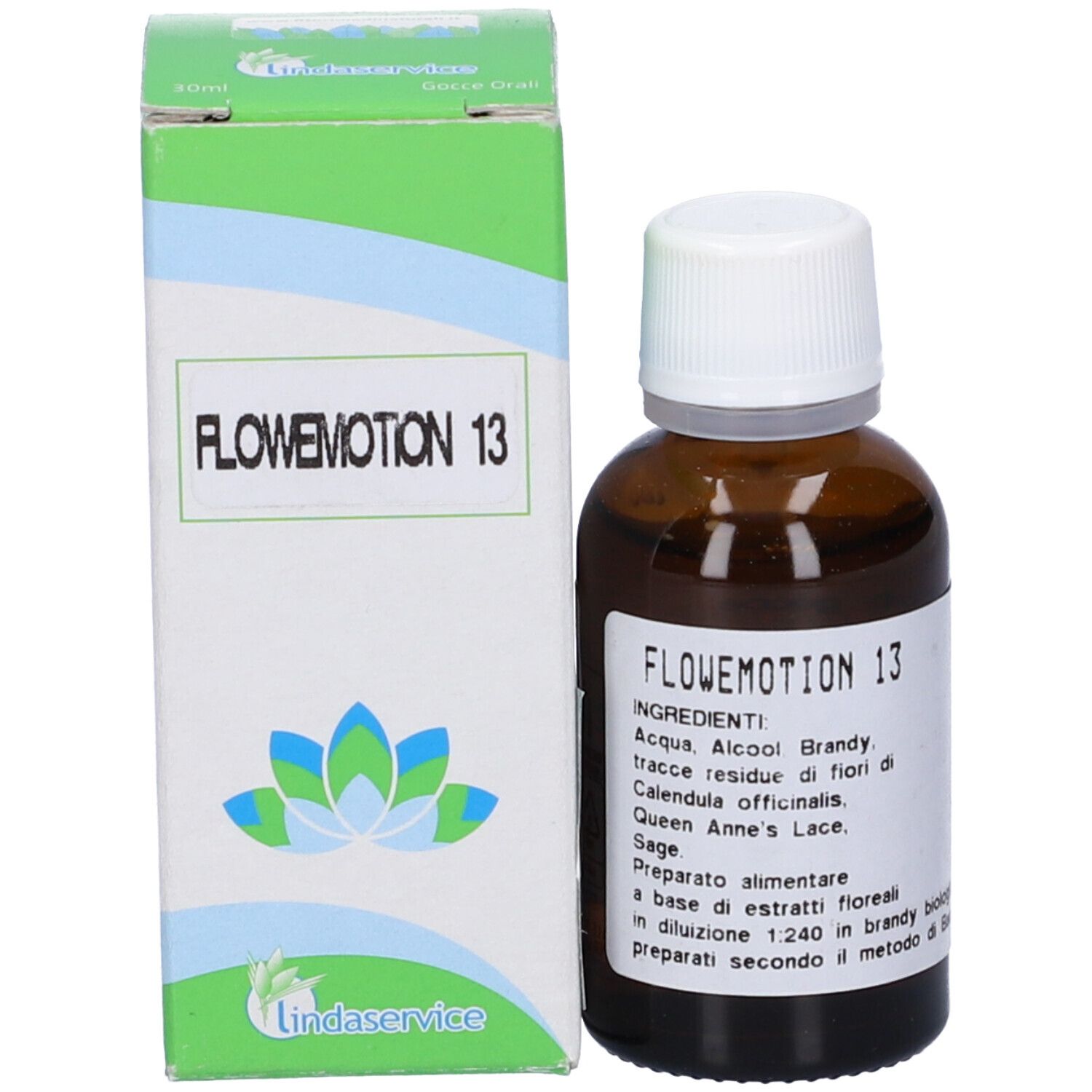 Flacone di vetro marrone con tappo bianco e confezione. Confezione con testo: FLOWEMOTION 13, logo.