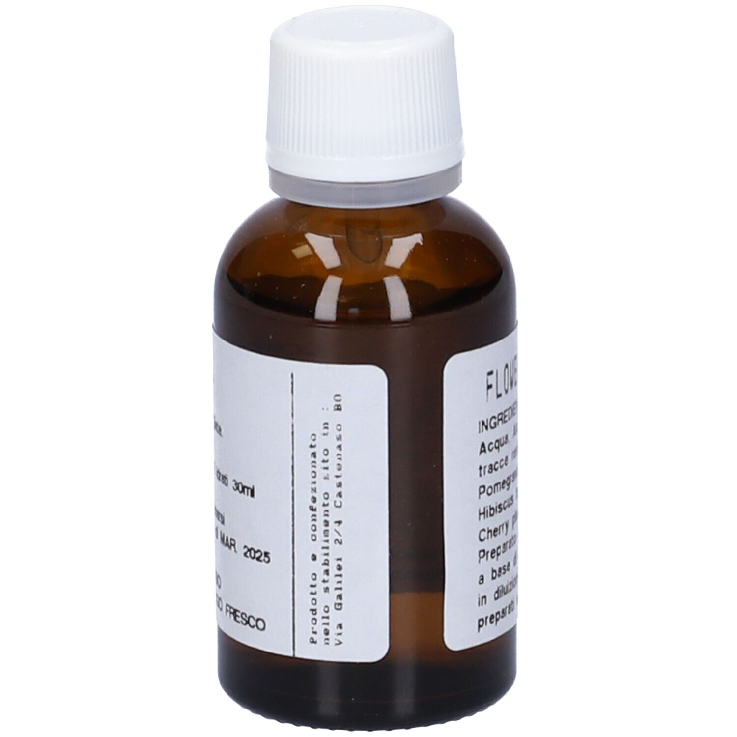 Flacone di vetro marrone con tappo bianco. Etichetta con informazioni sul prodotto. Testo: Flowemotion 19, 30ml.