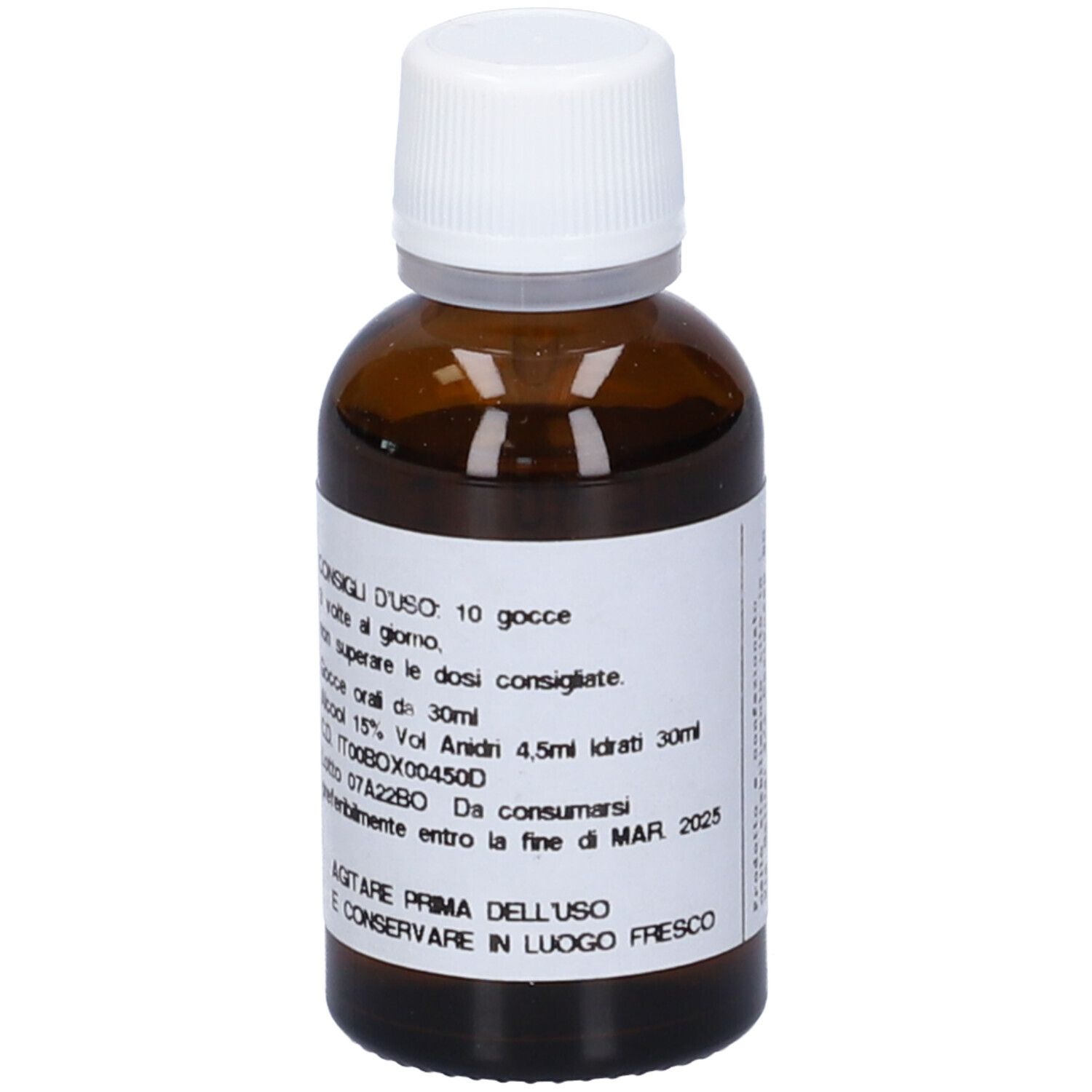 Flacone di vetro marrone con tappo bianco. Etichetta con istruzioni per il dosaggio. Testo: Flowemotion 19, 30ml.