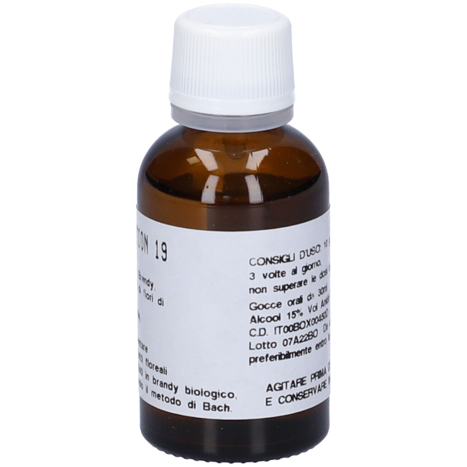 Flacone di vetro marrone con tappo bianco. Etichetta con istruzioni per il dosaggio. Testo: Flowemotion 19, 30ml.