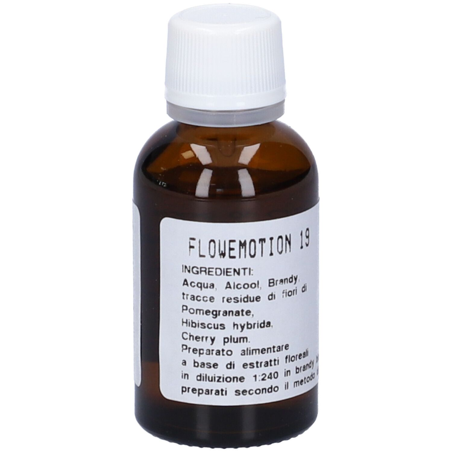 Flacone di vetro marrone con tappo bianco. Etichetta con nome del prodotto e ingredienti. Testo: Flowemotion 19.