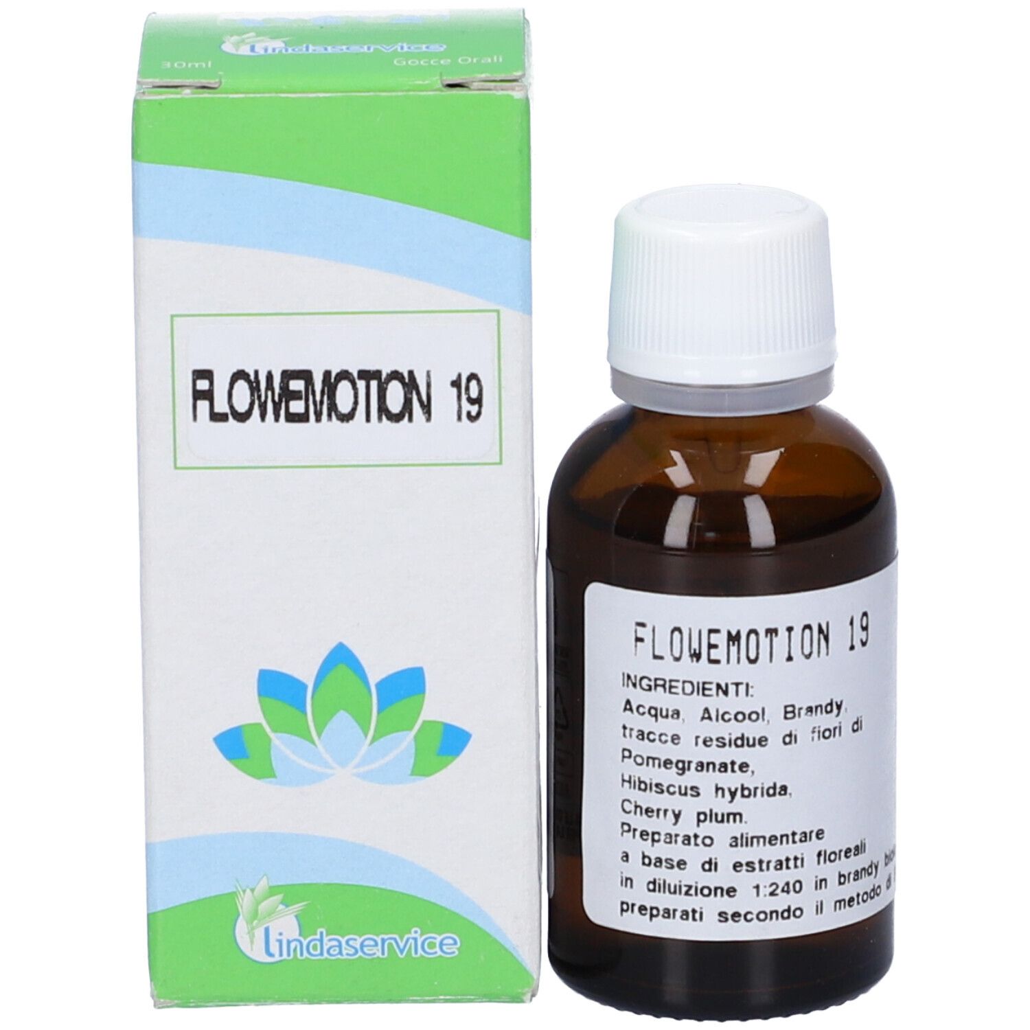 Flacone di vetro marrone e scatola. Flacone con tappo bianco, etichetta: Flowemotion 19. Scatola con logo.