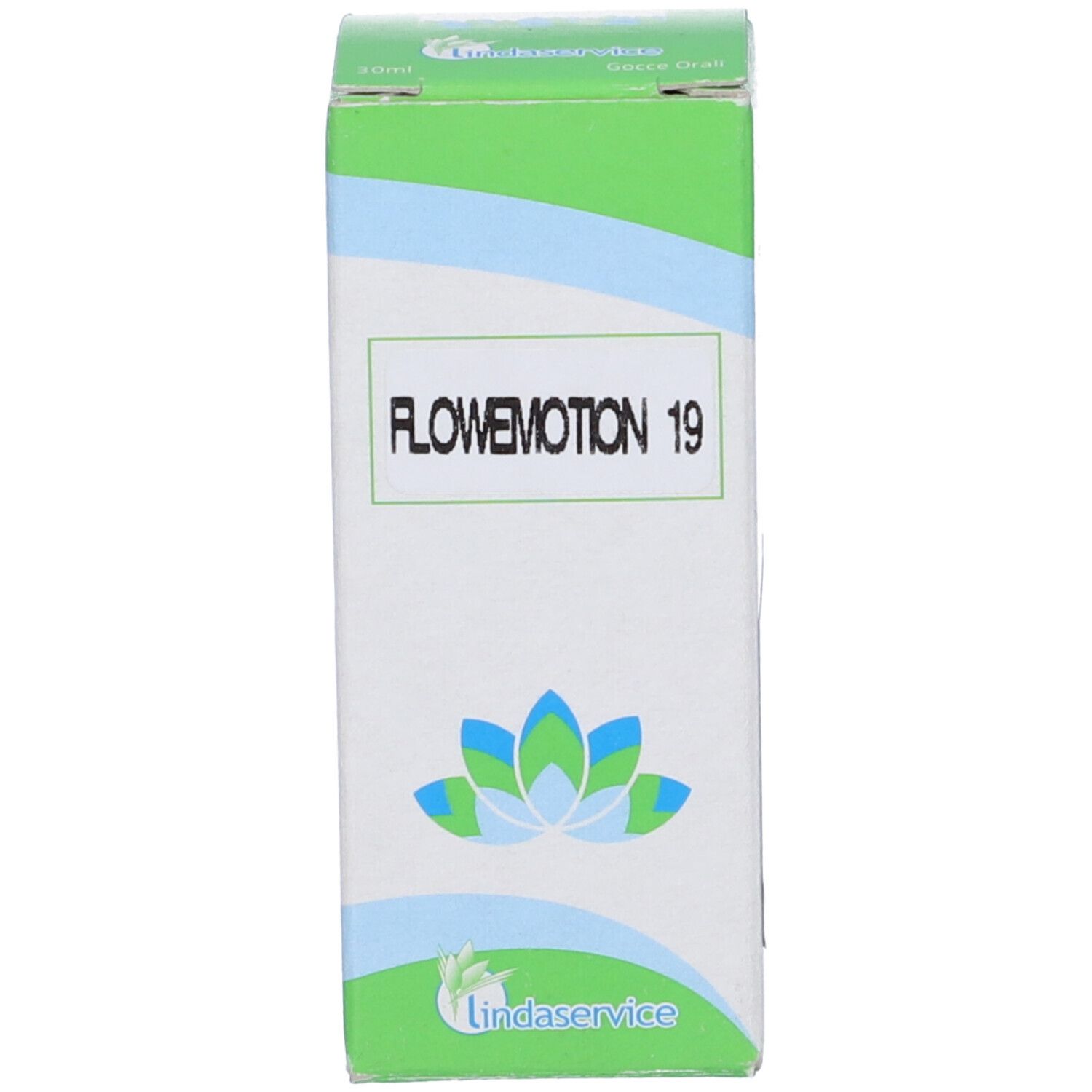 Scatola bianca con accenti verdi e blu. Testo: Flowemotion 19. Logo con fiore.