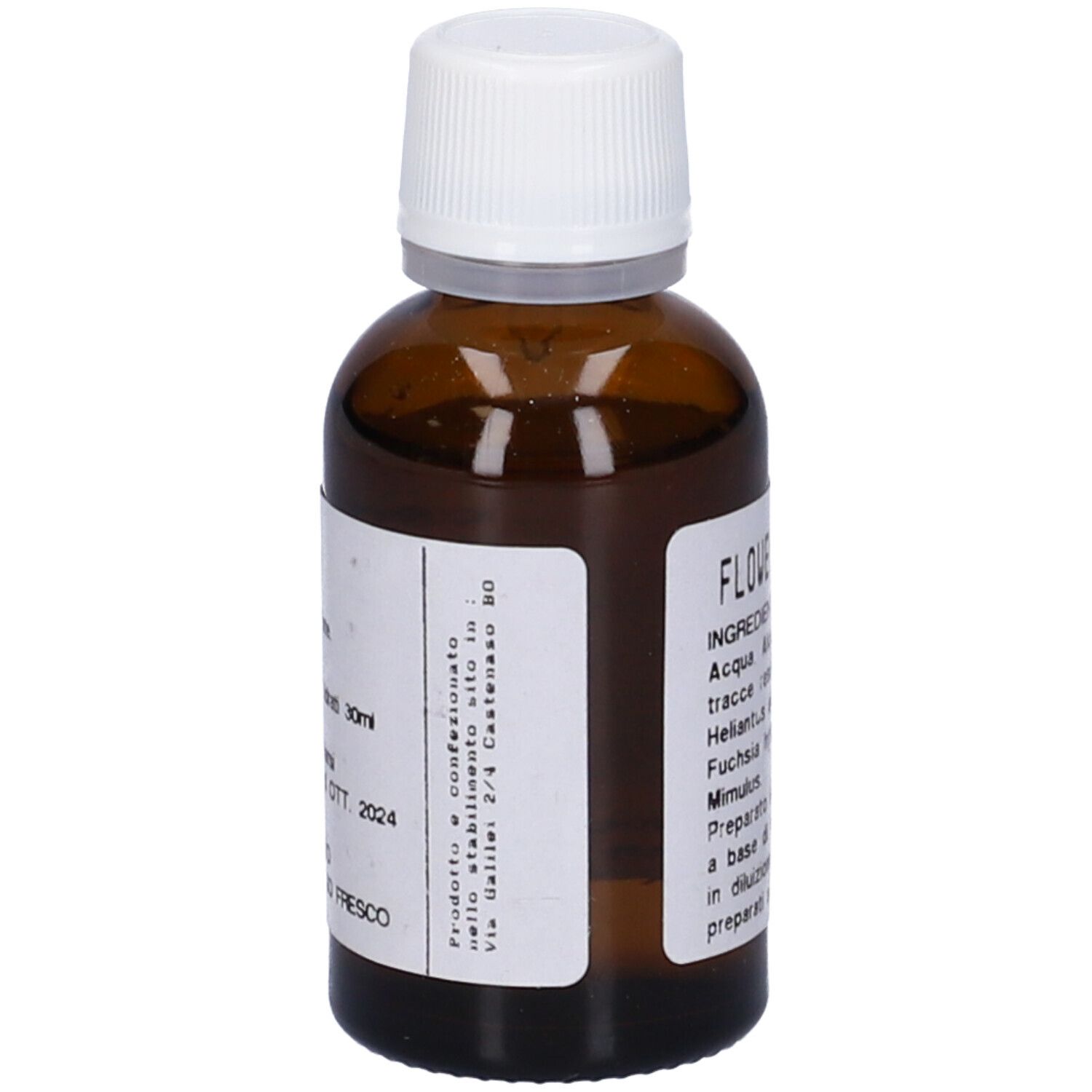 Flacone di vetro marrone con tappo bianco. Etichetta con informazioni sul prodotto. Liquido.