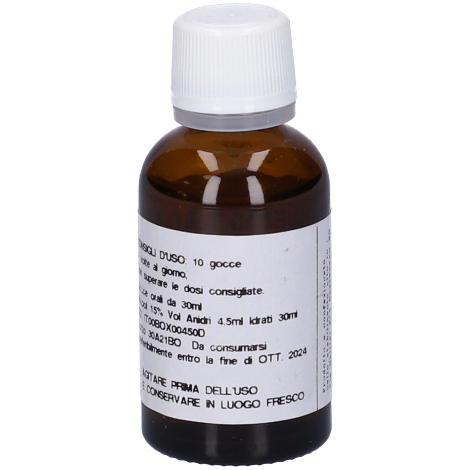 Flacone di vetro marrone con tappo bianco. Etichetta con istruzioni per il dosaggio. Liquido.