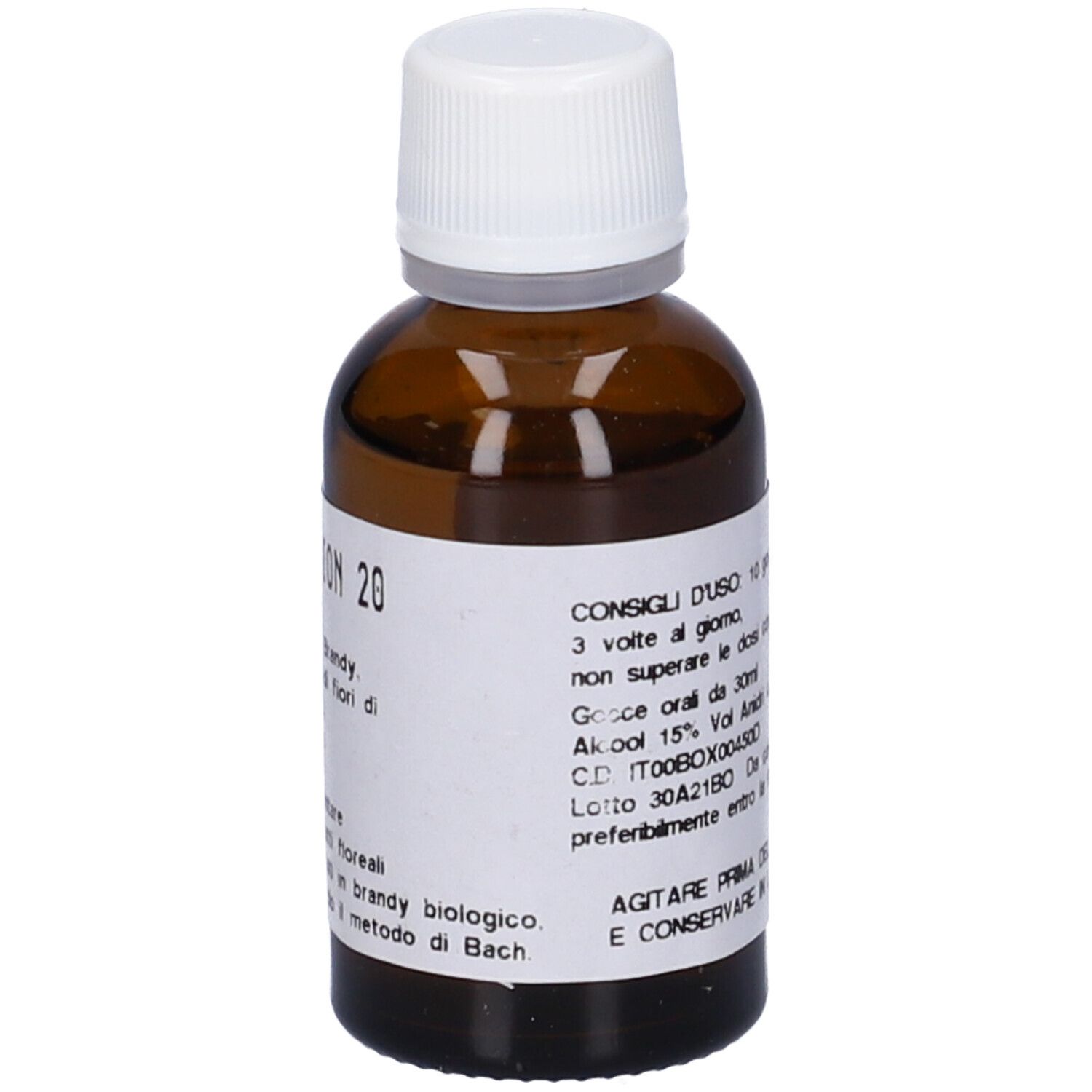 Flacone di vetro marrone con tappo bianco. Etichetta con istruzioni per il dosaggio. Liquido.