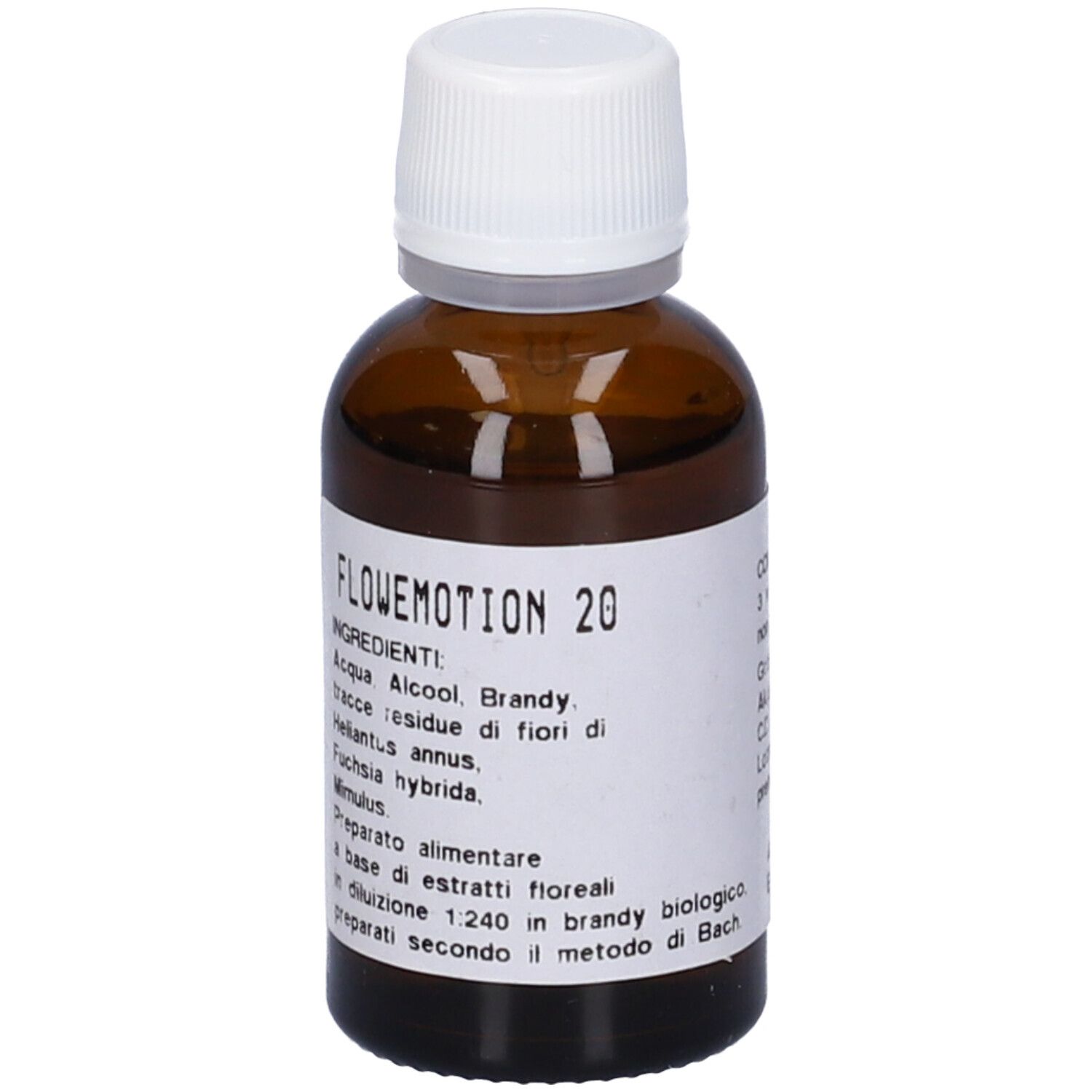 Flacone di vetro marrone con tappo bianco. Etichetta con nome del prodotto e ingredienti. Liquido.