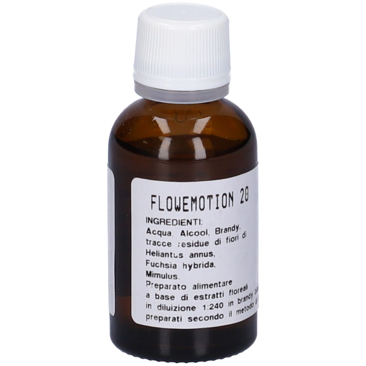 Flacone di vetro marrone con tappo bianco. Etichetta con nome del prodotto e ingredienti. Liquido.
