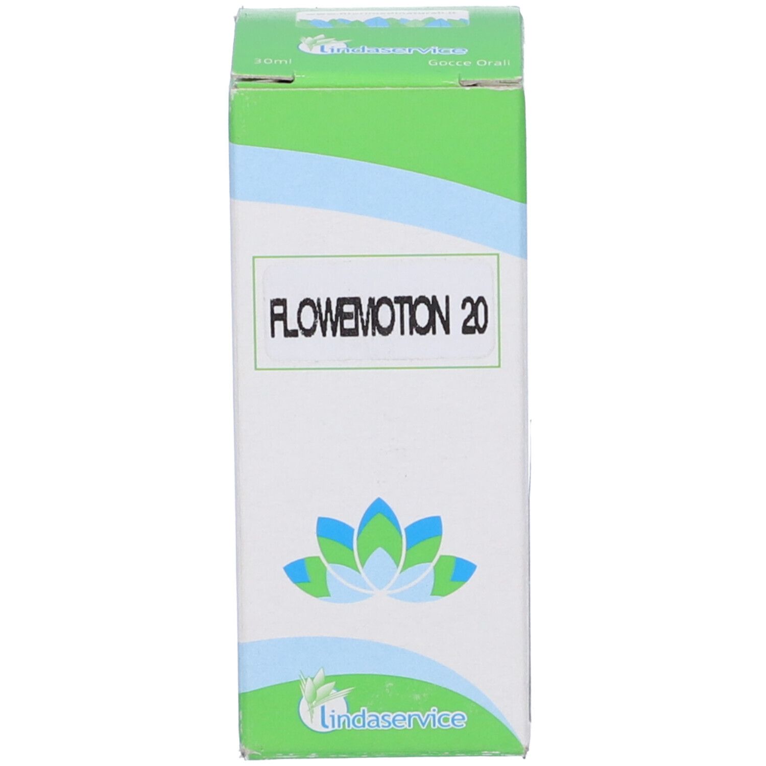 Confezione verde con nome del prodotto e logo. Tonalità di blu e verde.