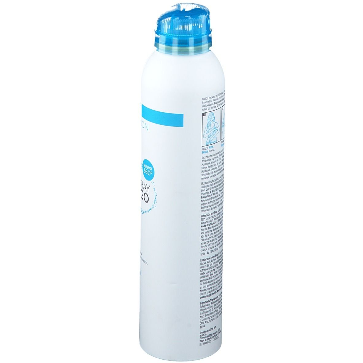 Flacone spray bianco con tappo blu. Testo e pittogrammi sul lato. ISDIN HYDRATION, Ureadin Spray & Go.