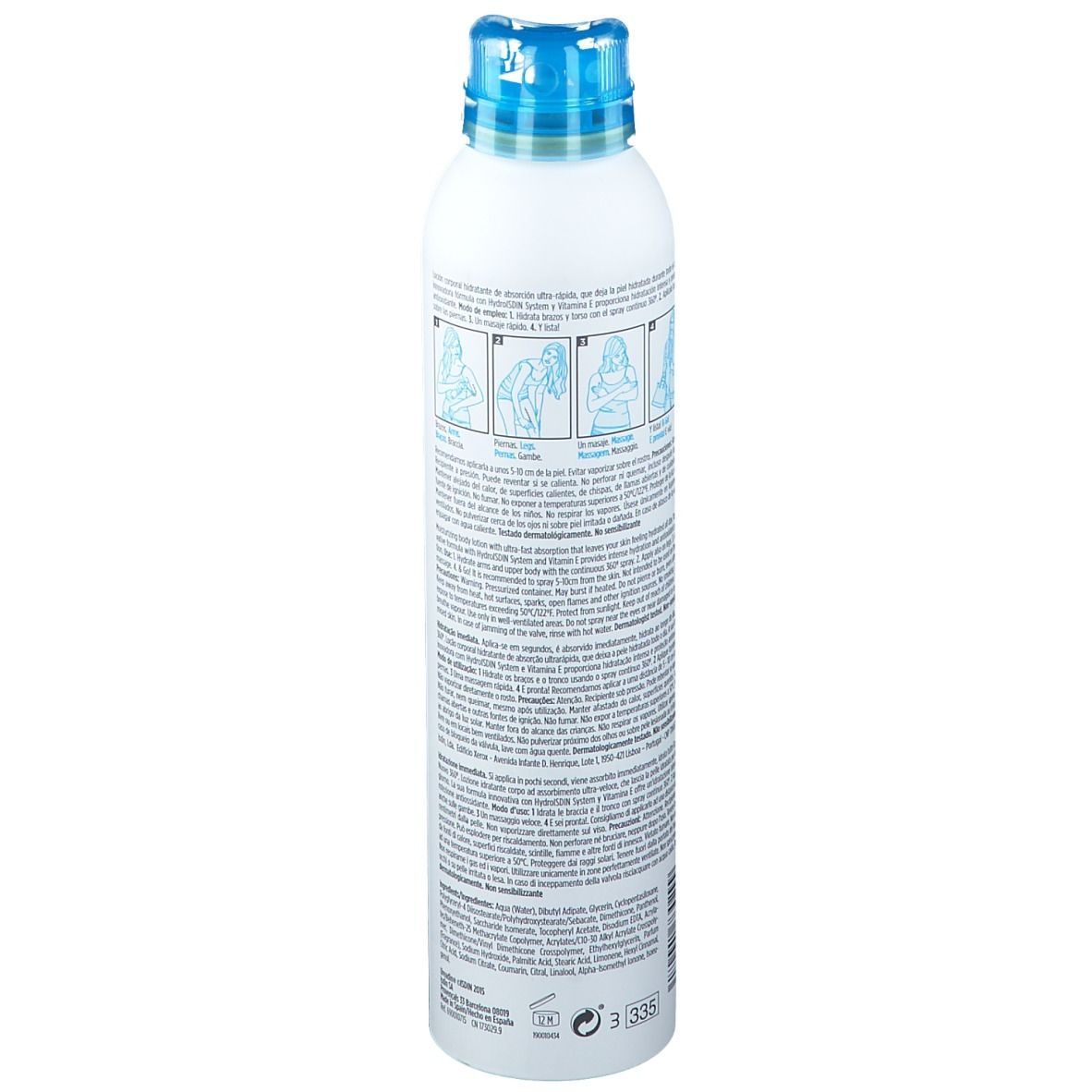 Flacone spray bianco con tappo blu. Testo e pittogrammi sul lato. ISDIN HYDRATION, Ureadin Spray & Go.