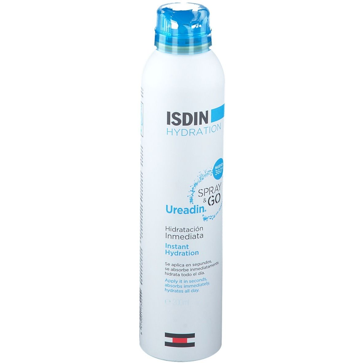 Flacone spray bianco con tappo blu. Scritta: ISDIN HYDRATION, Ureadin Spray & Go. Idratazione immediata.