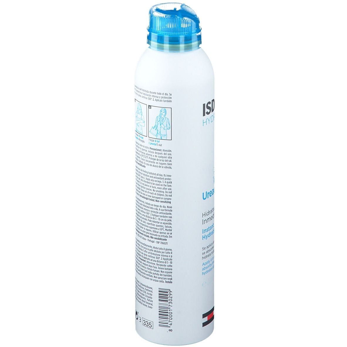 Flacone spray bianco con tappo blu. Testo e pittogrammi sul lato. ISDIN HYDRATION, Ureadin Spray & Go.