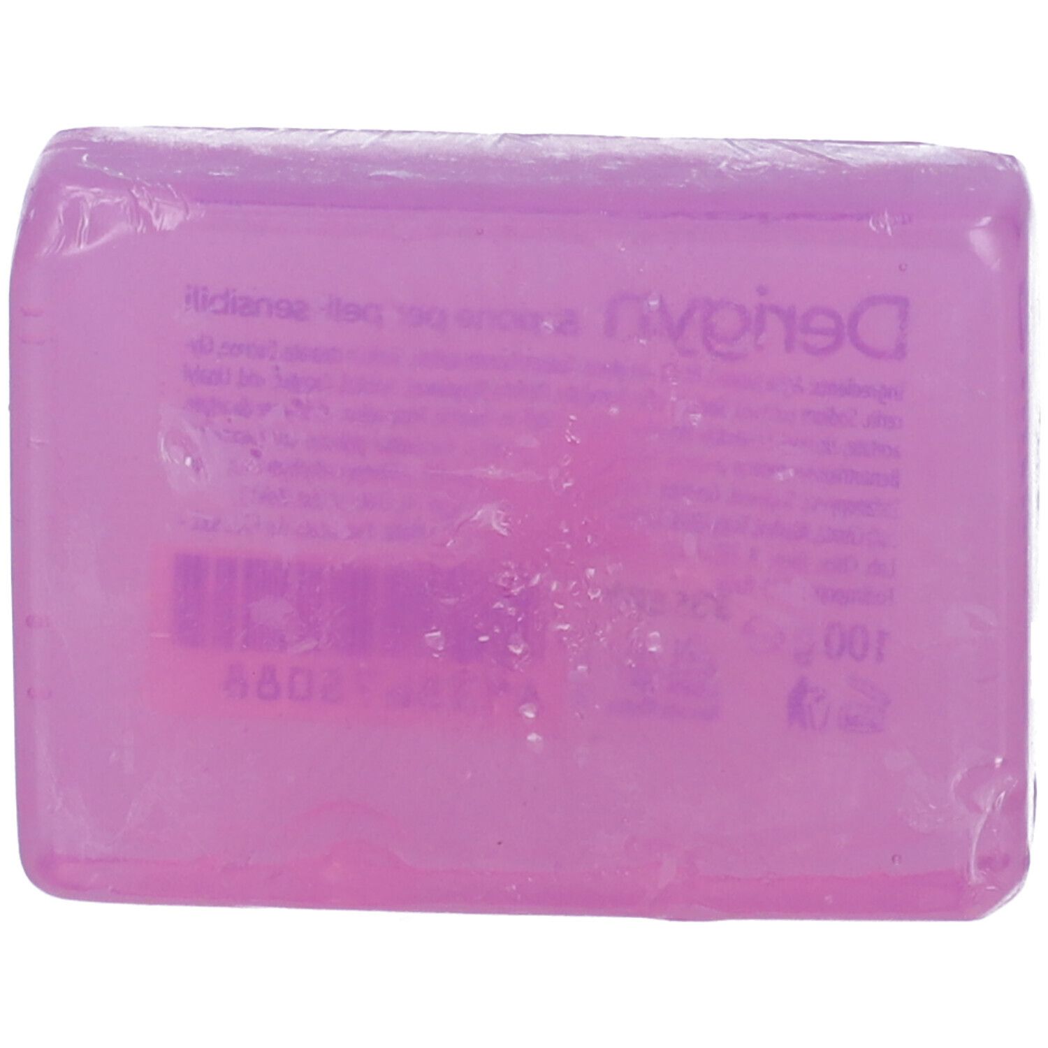 Sapone viola avvolto. Scritta Derigyn e altre informazioni visibili.