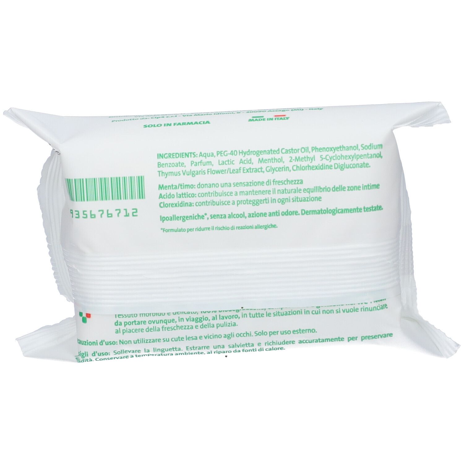 Retro della confezione. Testo in italiano. Contiene ingredienti e informazioni. Codice a barre e paese di origine.