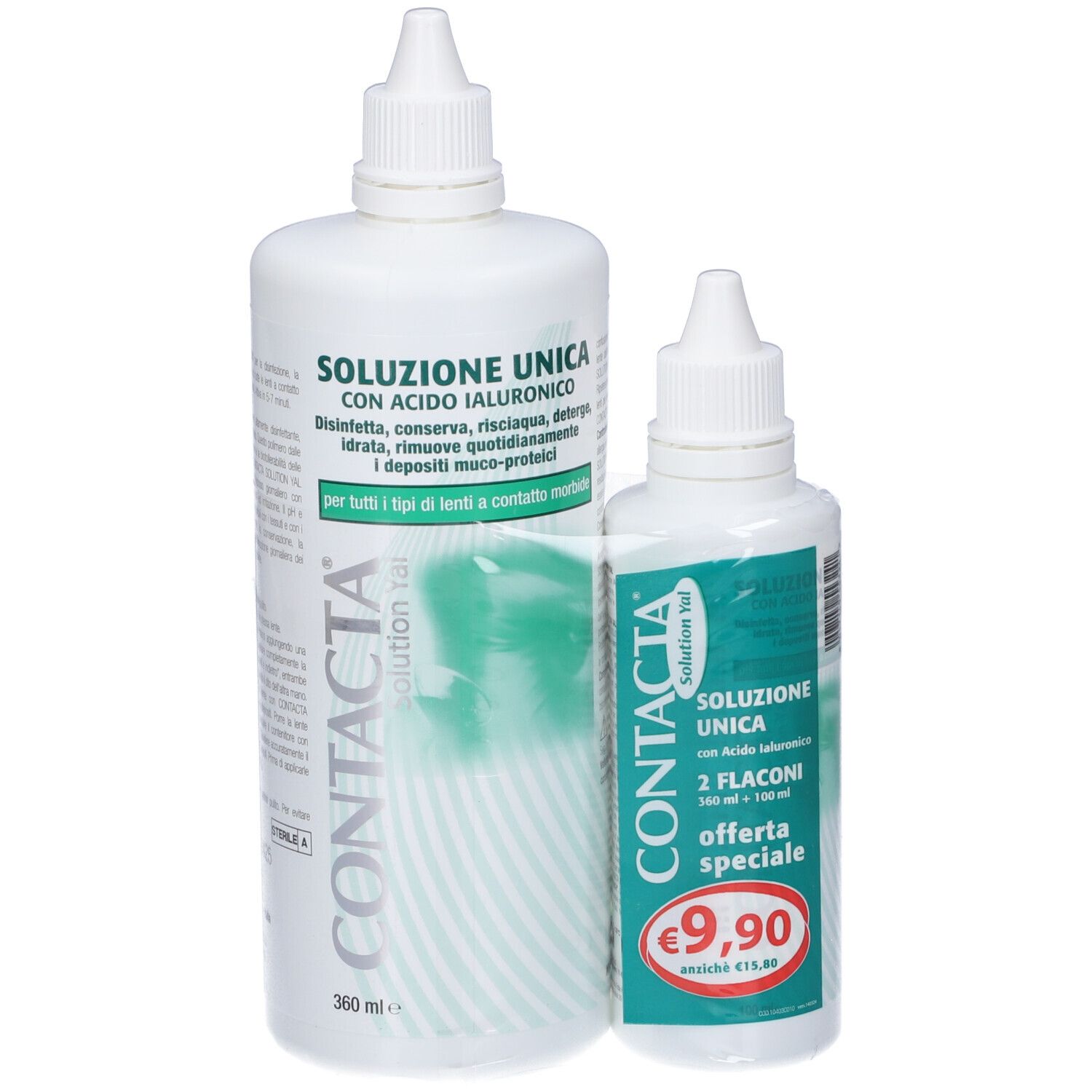 Due flaconi bianchi. Scritta: Contacta, Soluzione Unica. Etichetta prezzo: 9,90€. Accenti verdi e rossi.