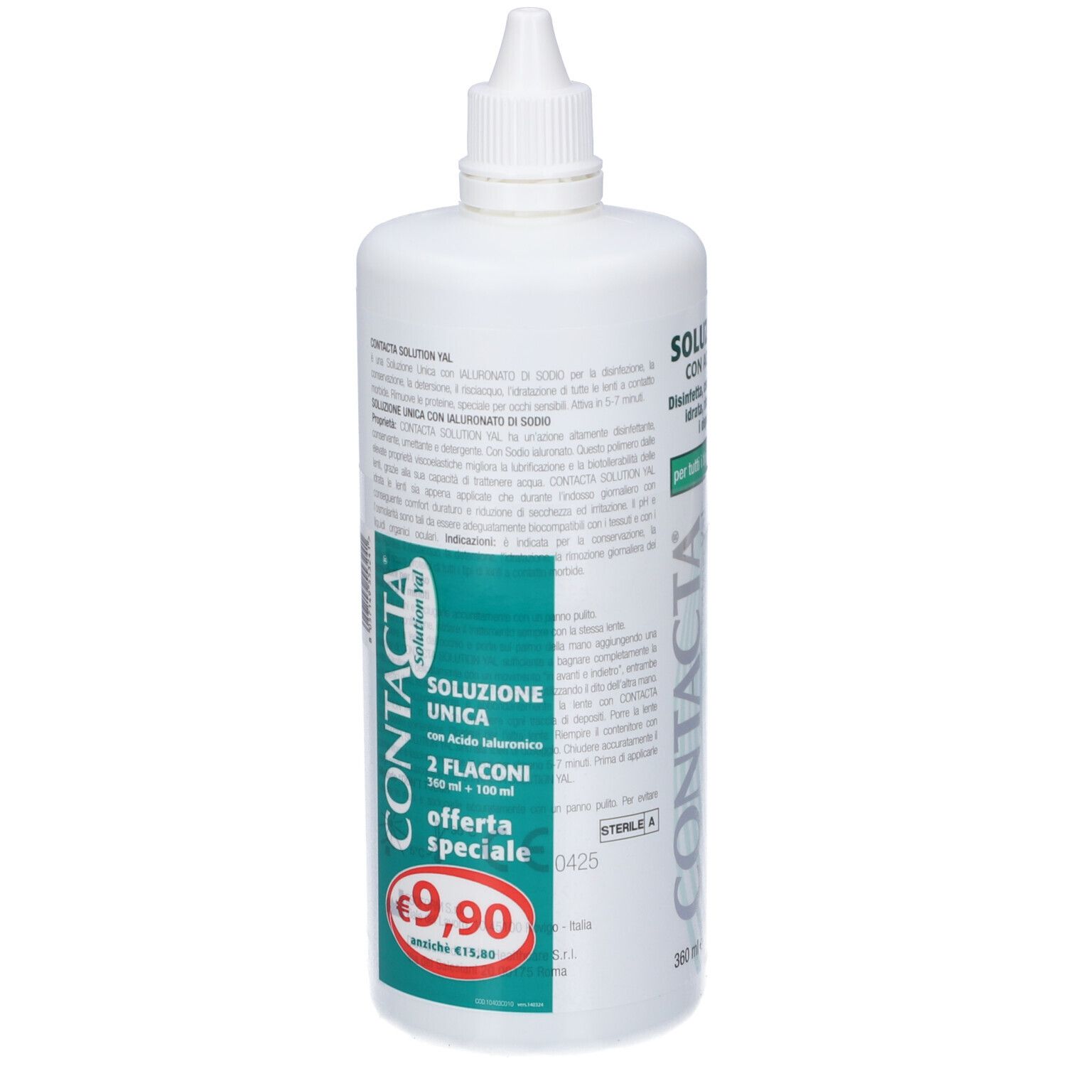 Due flaconi bianchi. Retro con testo. Scritta: Contacta, Soluzione Unica. Etichetta prezzo: 9,90€.