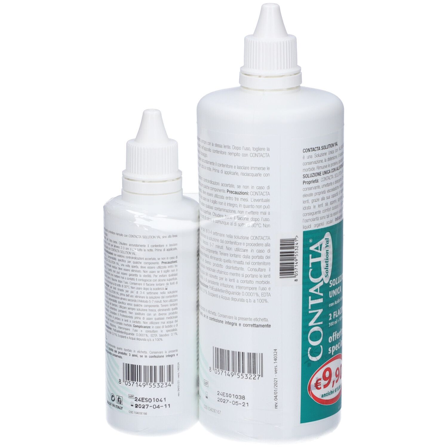 Due flaconi bianchi. Retro con testo e codice a barre. Scritta: Contacta, Soluzione Unica. Etichetta prezzo: 9,90€.