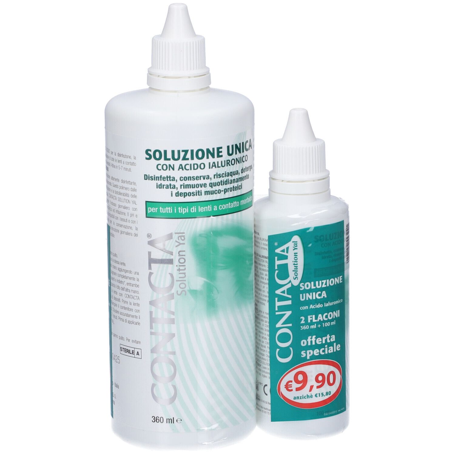 Due flaconi bianchi. Scritta: Soluzione Unica, con acido ialuronico. Marchio: Contacta. Etichetta prezzo: 9,90€.