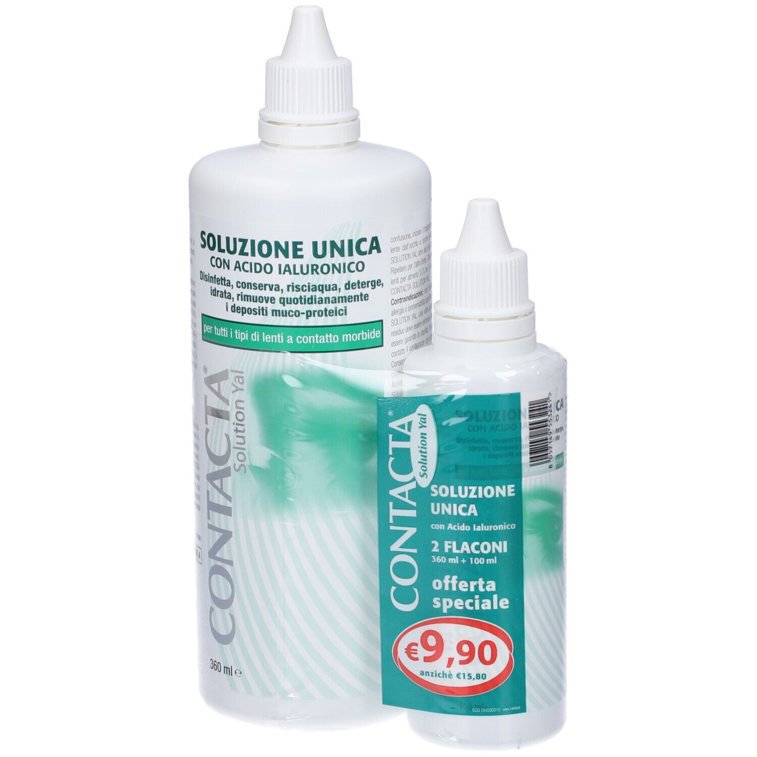 Due flaconi bianchi. Scritta: Soluzione Unica, con acido ialuronico. Marchio: Contacta. Etichetta prezzo: 9,90€.