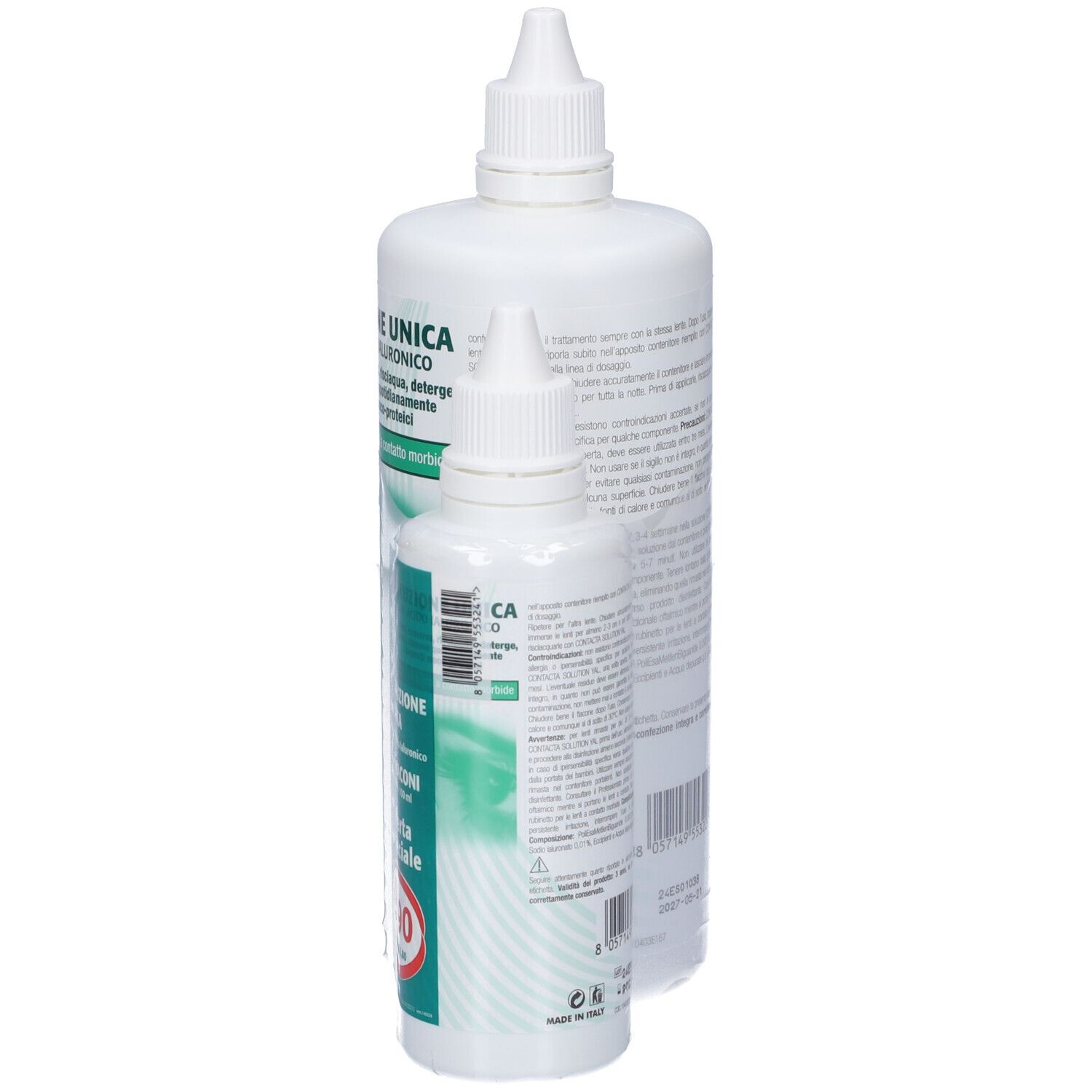 Due flaconi bianchi. Retro con testo. Scritta: Contacta, Soluzione Unica. Etichetta prezzo: 9,90€.