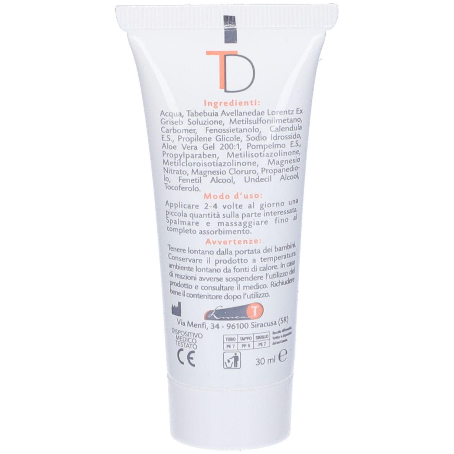 Retro del tubo di gel Tderma. Ingredienti e istruzioni in italiano.