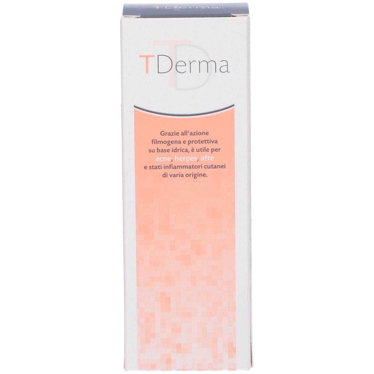 Scatola Tderma. Bianco con accenti arancioni. Nome del prodotto e testo in italiano.