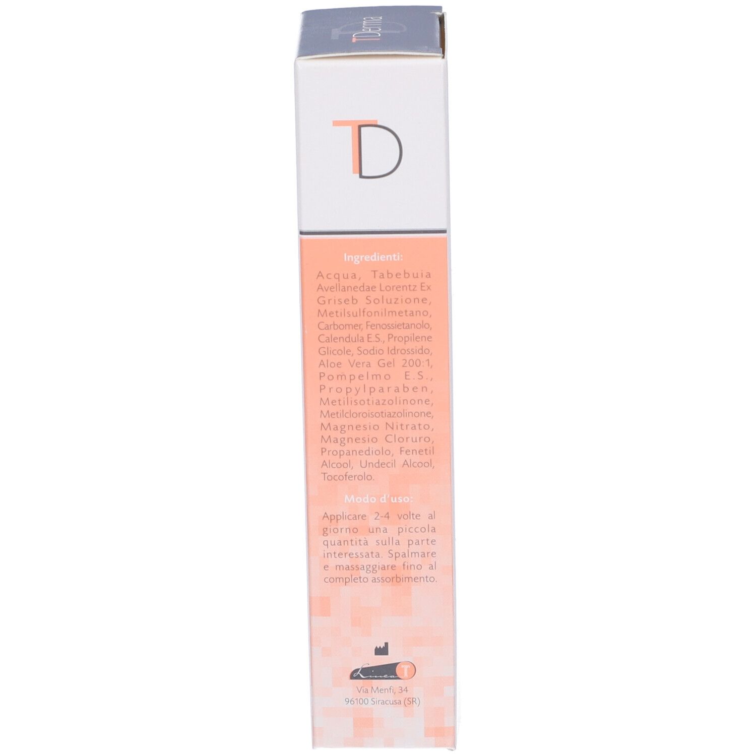 Scatola Tderma. Retro con ingredienti e istruzioni in italiano.