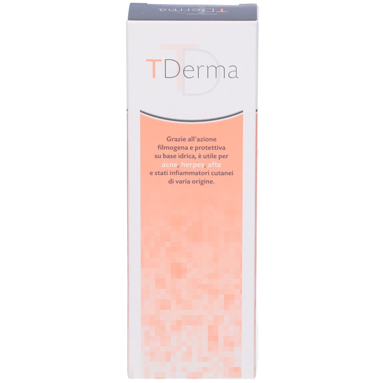 Scatola Tderma. Lato con informazioni sul prodotto e testo in italiano.