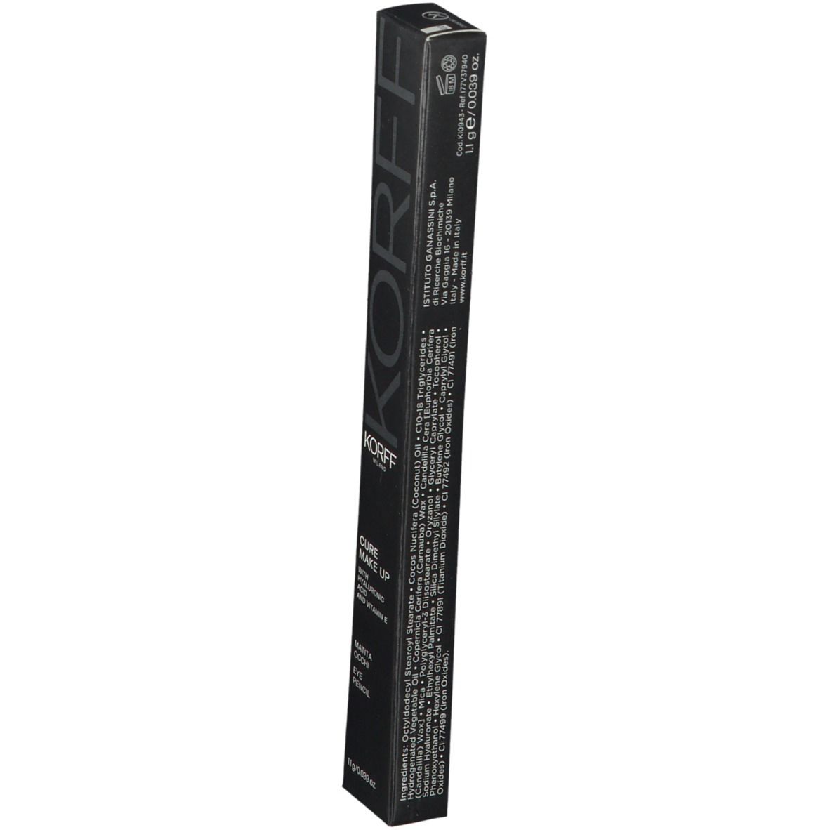 Confezione matita occhi KORFF Cure Make Up. Scatola nera. Nome prodotto, ingredienti e logo.