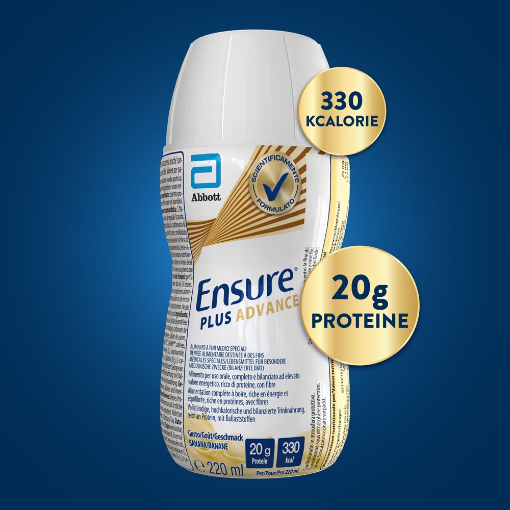 Bottiglia Ensure Plus Advance. Scritta: Logo Abbott, 20g proteine, 330 kcal, 220 ml. Con logo di certificazione.