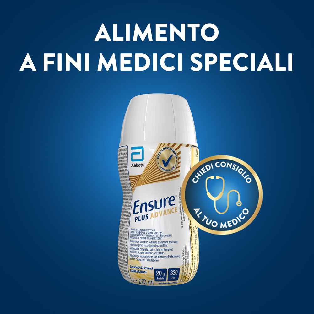 Bottiglia Ensure Plus Advance. Scritta: Ensure Plus Advance, 20g proteine, 330 kcal, 220 ml. Con logo medico.