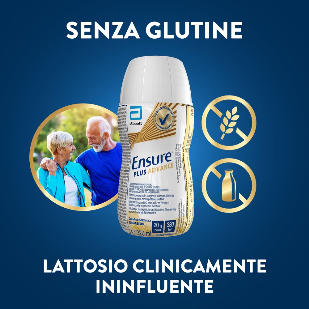 Bottiglia Ensure Plus Advance. Scritta: Ensure Plus Advance, 20g proteine, 330 kcal, 220 ml. Con simboli senza glutine e lattosio.