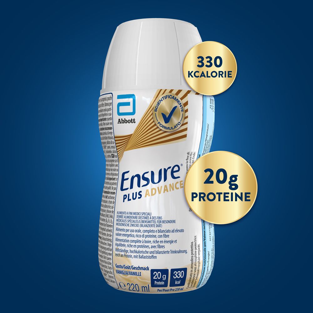 Bottiglia Ensure Plus Advance Vaniglia con 20g di proteine e 330 kcal. Logo Abbott e certificazione. Sfondo blu.