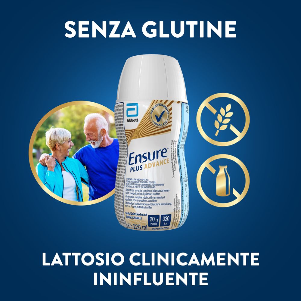 Bottiglia Ensure Plus Advance Vaniglia. Scritta 'SENZA GLUTINE' e 'LATTOSIO CLINICAMENTE ININFLUENTE'.