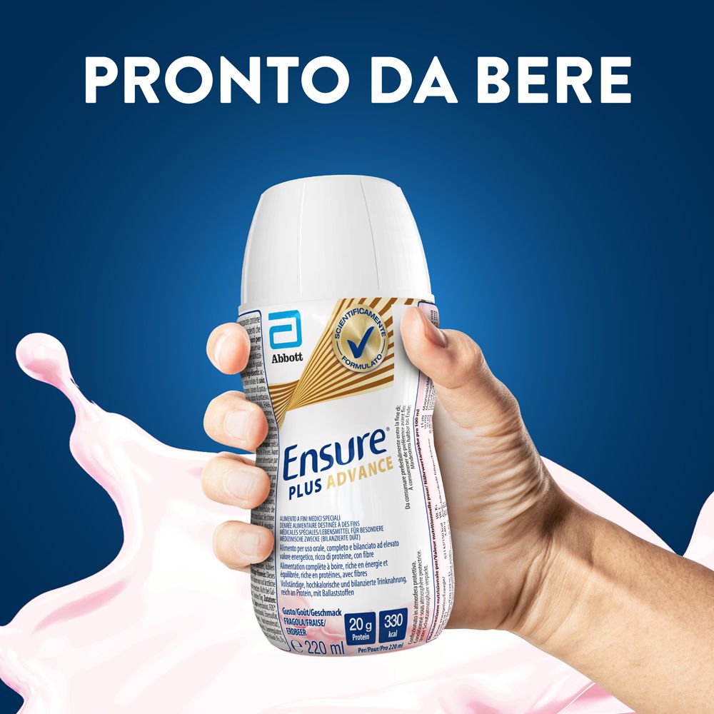 Mano che tiene una bottiglia Ensure Plus Advance. Logo Abbott e certificazione.