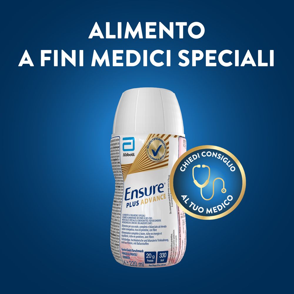 Bottiglia Ensure Plus Advance. Logo Abbott e certificazione. Testo: Alimento a fini medici speciali.