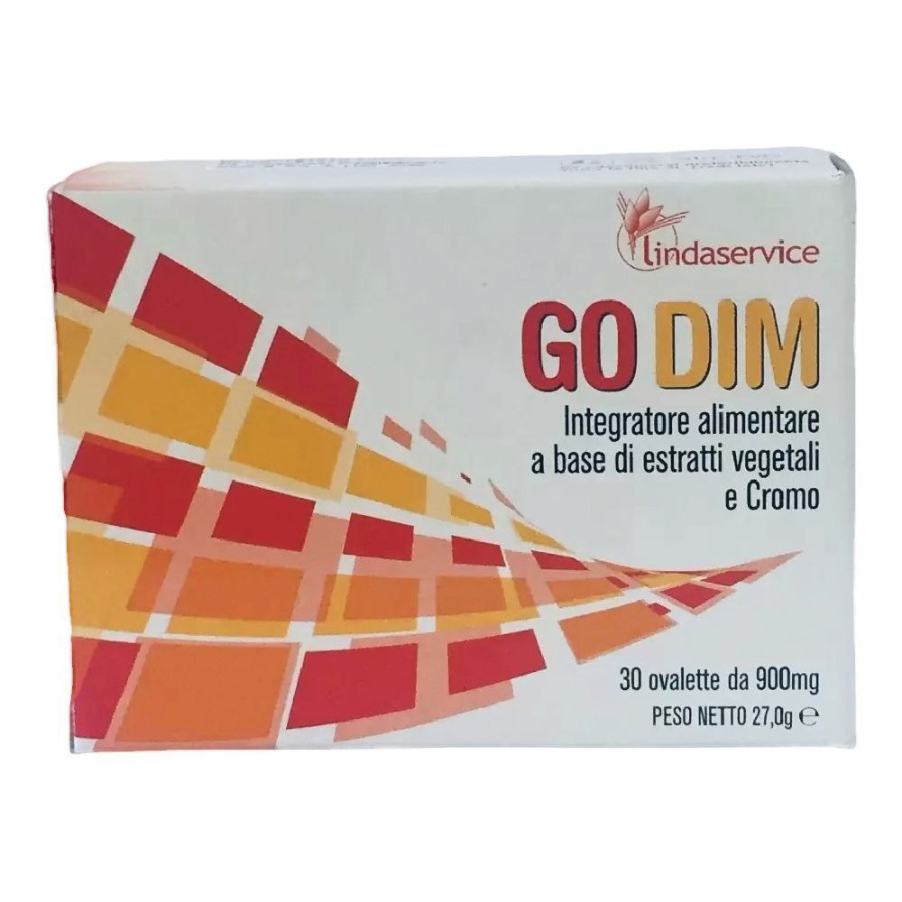 Scatola bianca con logo GO DIM e testo. Contiene 30 ovalette. Scritto: Integratore alimentare a base di estratti vegetali e Cromo.