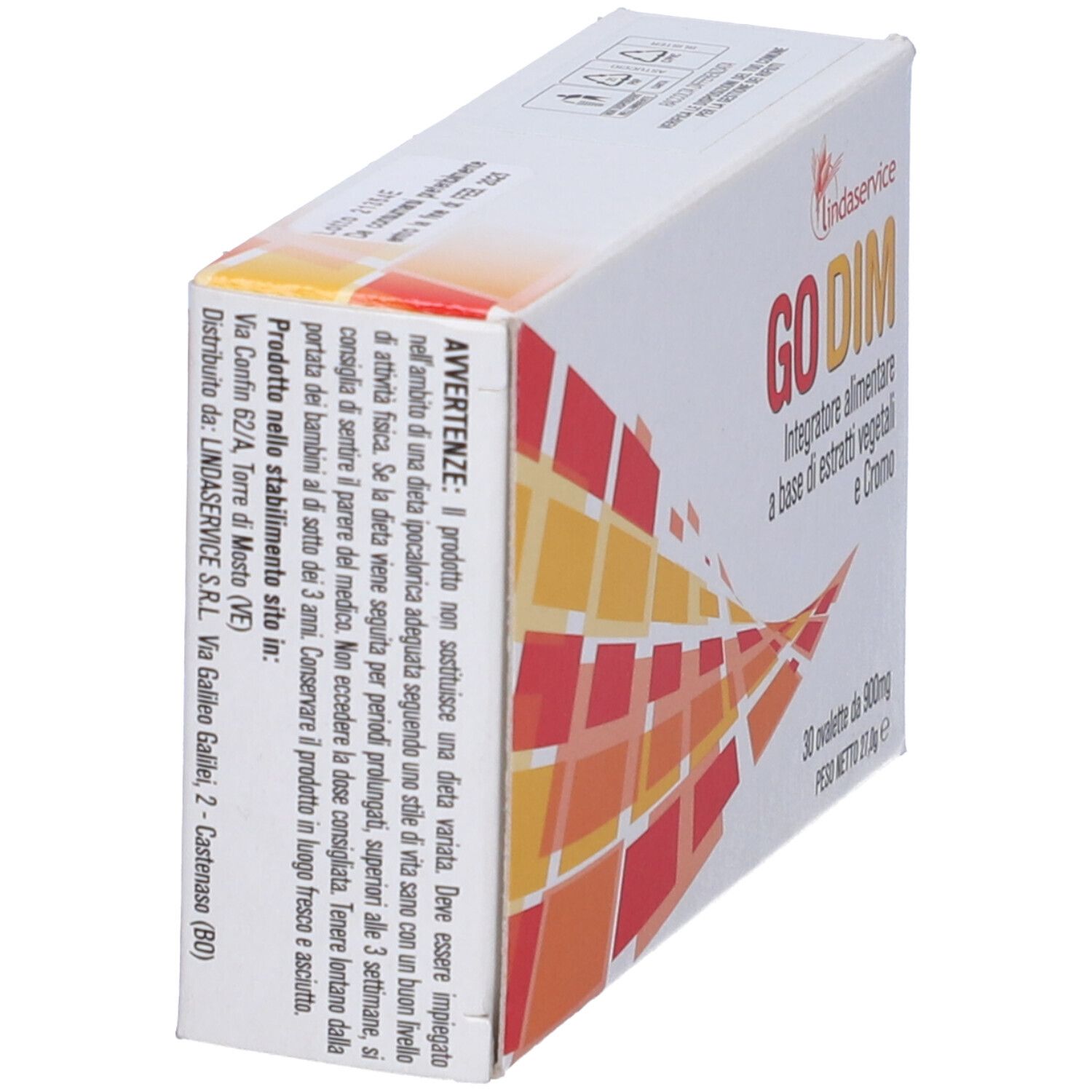 Scatola bianca con logo GO DIM e testo. Contiene 30 ovalette. Scritto: Integratore alimentare a base di estratti vegetali e Cromo.